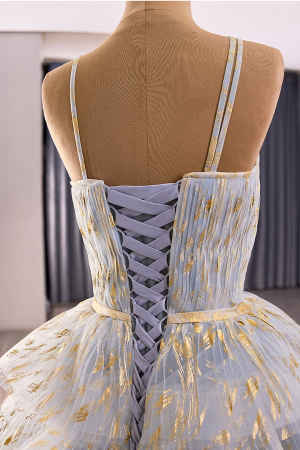 Blue Gray Tulle Tiers Spaghetti Straps Pleats Prom Dress