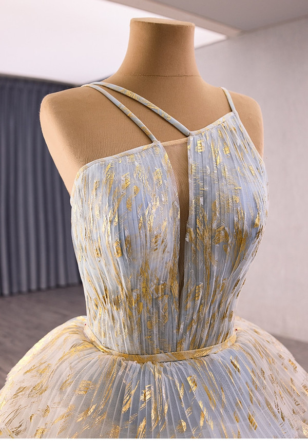 Blue Gray Tulle Tiers Spaghetti Straps Pleats Prom Dress