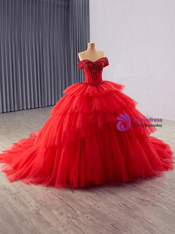 Red Tulle Ball Gown Tiers Sequins Prom Dress