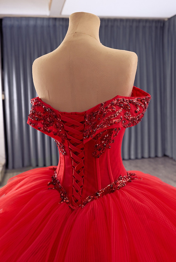 Red Tulle Ball Gown Tiers Sequins Prom Dress