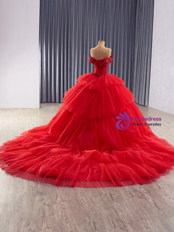 Red Tulle Ball Gown Tiers Sequins Prom Dress