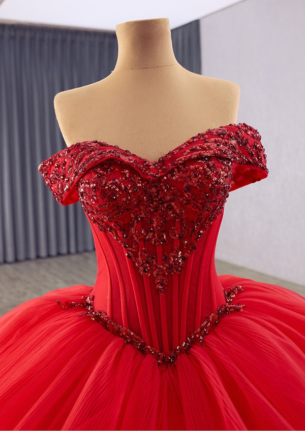 Red Tulle Ball Gown Tiers Sequins Prom Dress