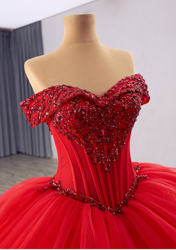 Red Tulle Ball Gown Tiers Sequins Prom Dress