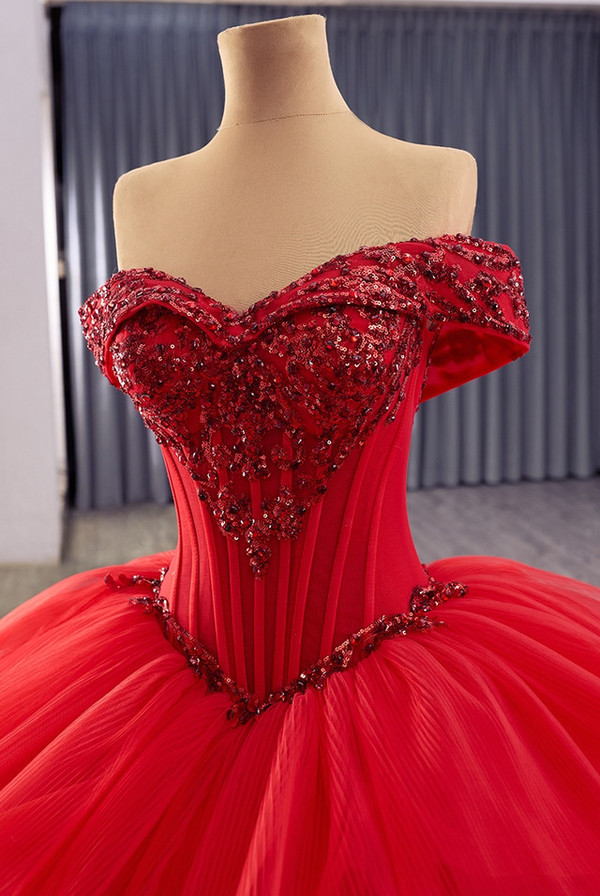 Red Tulle Ball Gown Tiers Sequins Prom Dress