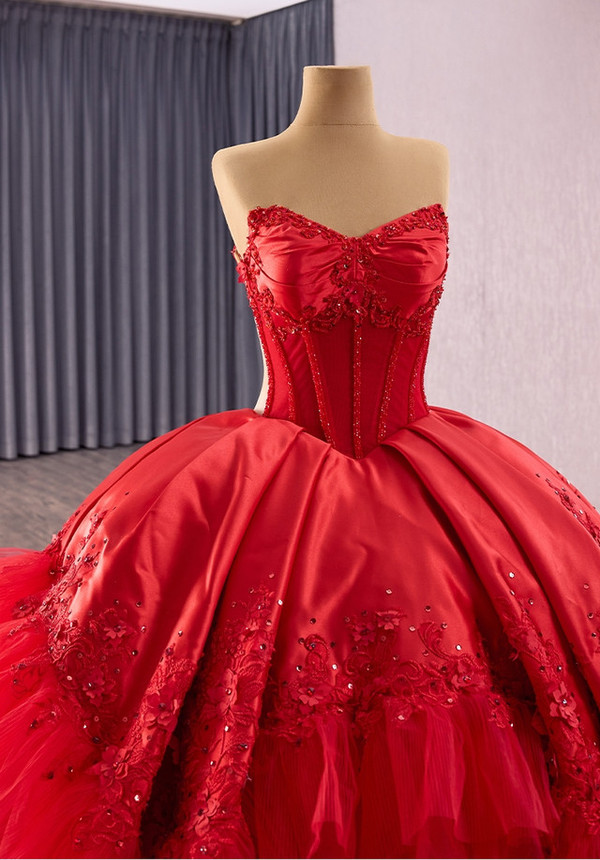Red Tulle Satin Strapless Appliques Beading Prom Dress