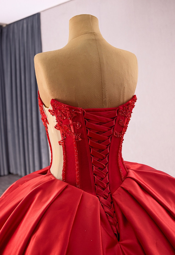 Red Tulle Satin Strapless Appliques Beading Prom Dress
