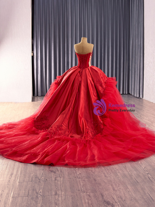 Red Tulle Satin Strapless Appliques Beading Prom Dress