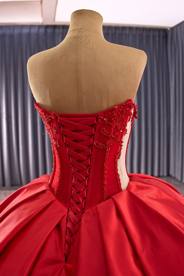 Red Tulle Satin Strapless Appliques Beading Prom Dress