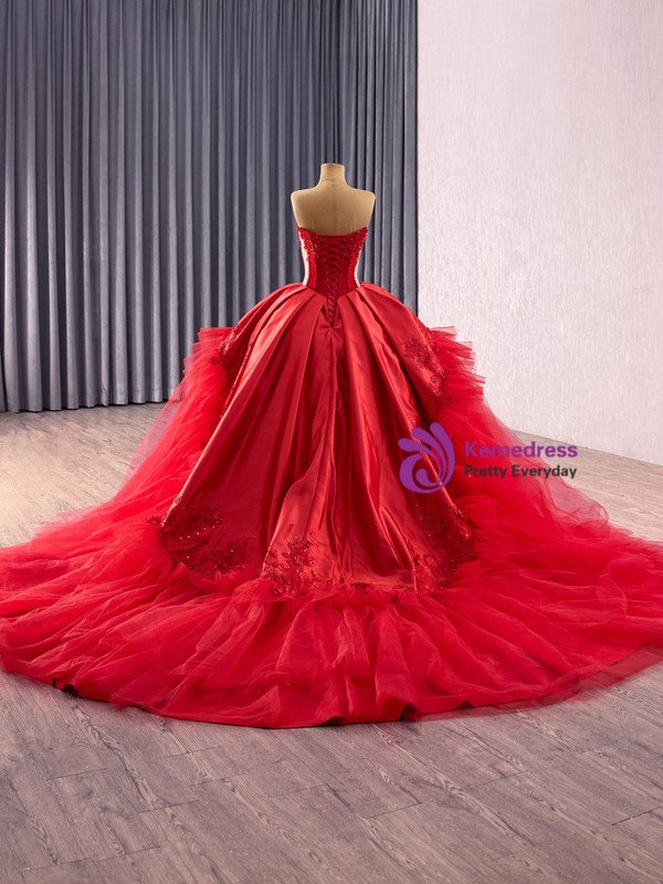 Red Tulle Satin Strapless Appliques Beading Prom Dress