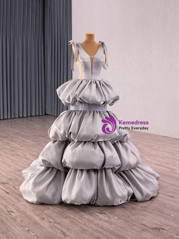 Gray V-neck Sleeveless Tiers Prom Dress