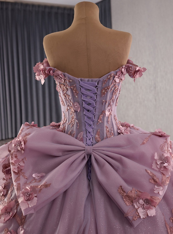 Pink Ball Gown Tulle Off the Shoulder 3D Flower Pearls Prom Dress