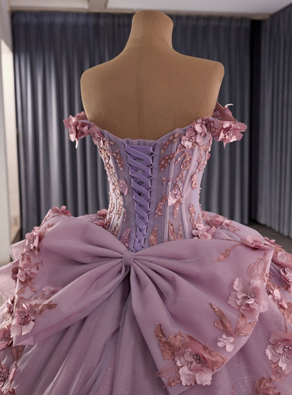Pink Ball Gown Tulle Off the Shoulder 3D Flower Pearls Prom Dress
