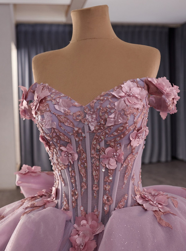 Pink Ball Gown Tulle Off the Shoulder 3D Flower Pearls Prom Dress