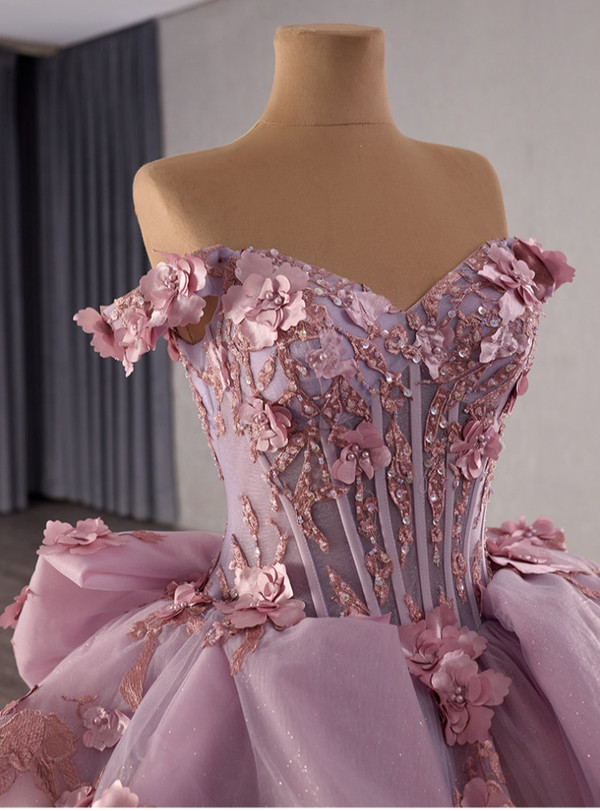 Pink Ball Gown Tulle Off the Shoulder 3D Flower Pearls Prom Dress