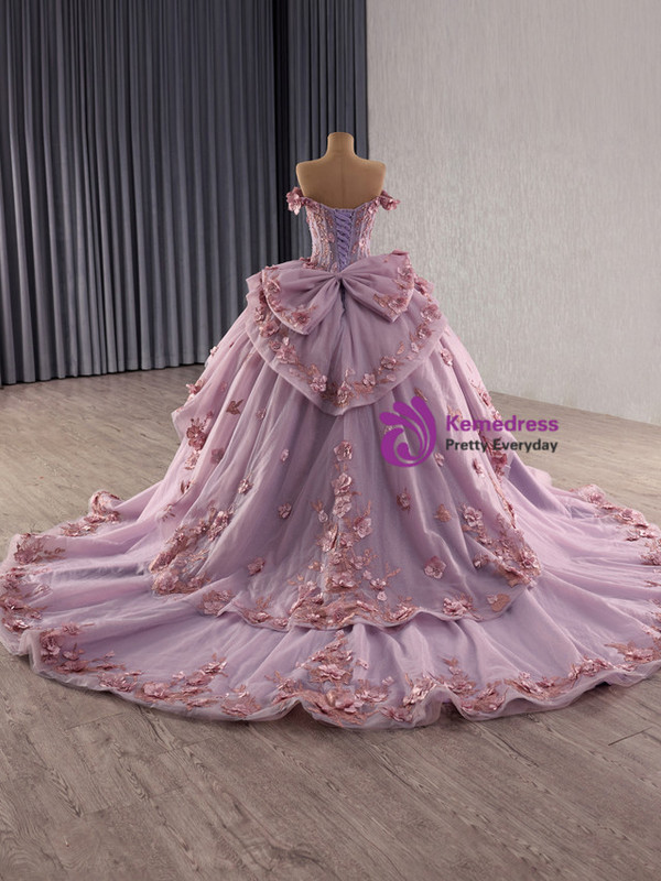 Pink Ball Gown Tulle Off the Shoulder 3D Flower Pearls Prom Dress