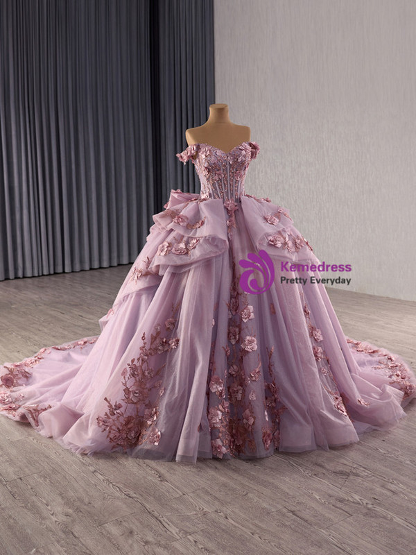 Pink Ball Gown Tulle Off the Shoulder 3D Flower Pearls Prom Dress