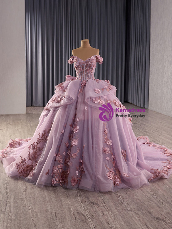 Pink Ball Gown Tulle Off the Shoulder 3D Flower Pearls Prom Dress