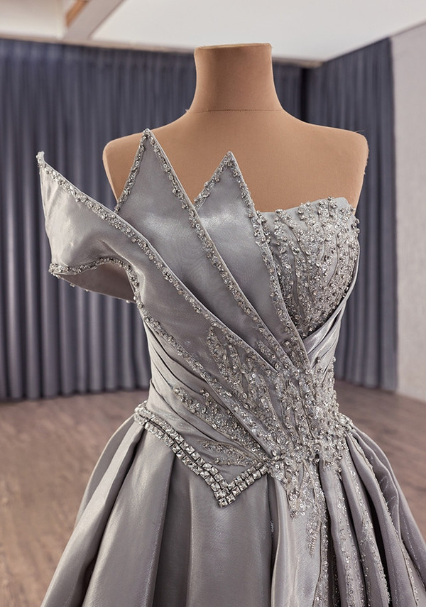 Gray Satin Pleats Beading Crystal Prom Dress