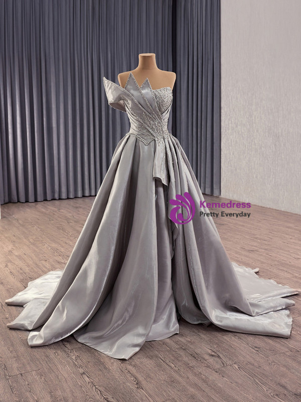 Gray Satin Pleats Beading Crystal Prom Dress