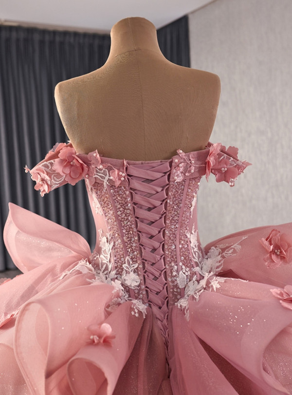 Pink Tulle 3D Appliques Beading Prom Dress