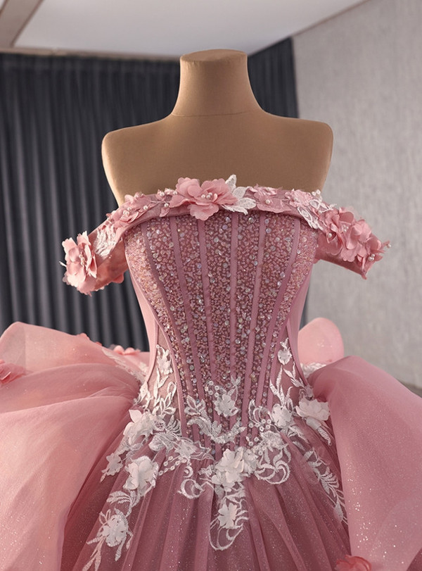 Pink Tulle 3D Appliques Beading Prom Dress