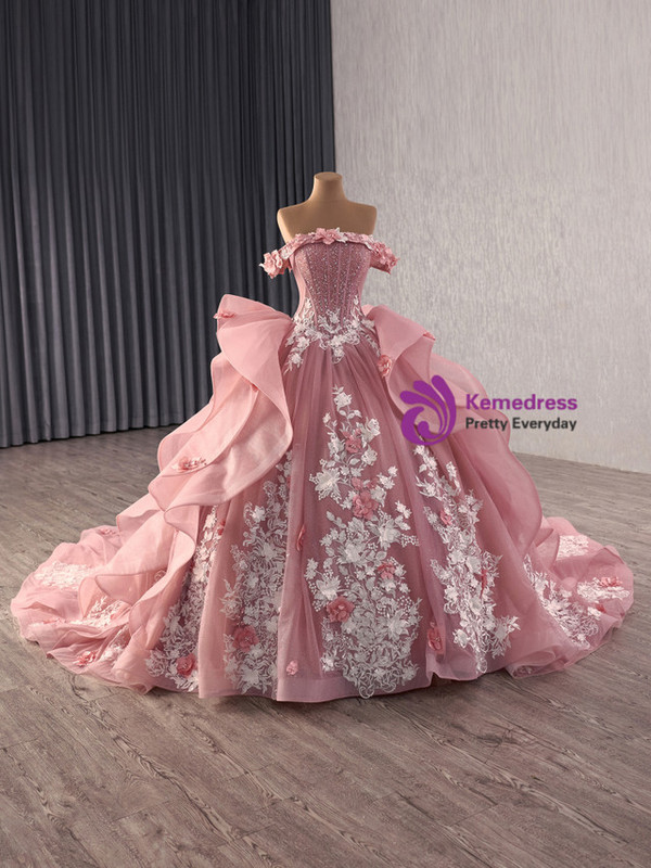 Pink Tulle 3D Appliques Beading Prom Dress