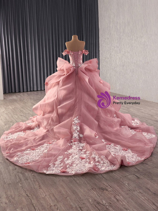 Pink Tulle 3D Appliques Beading Prom Dress
