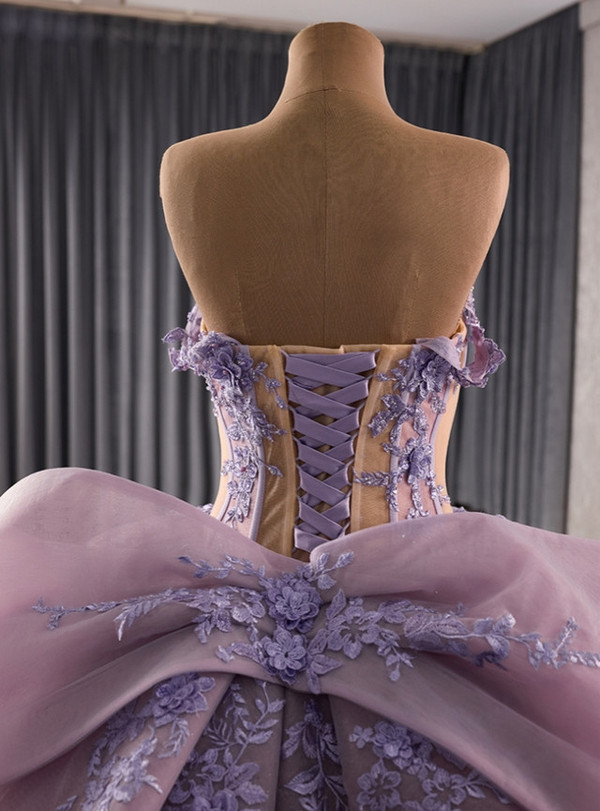 Purple Tulle Off the Shoulder Lace Appliques Prom Dress