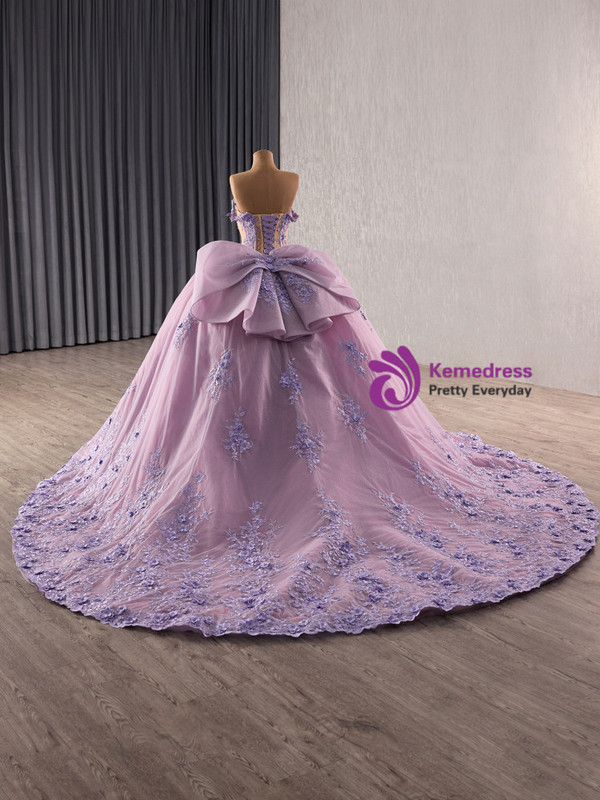 Purple Tulle Off the Shoulder Lace Appliques Prom Dress