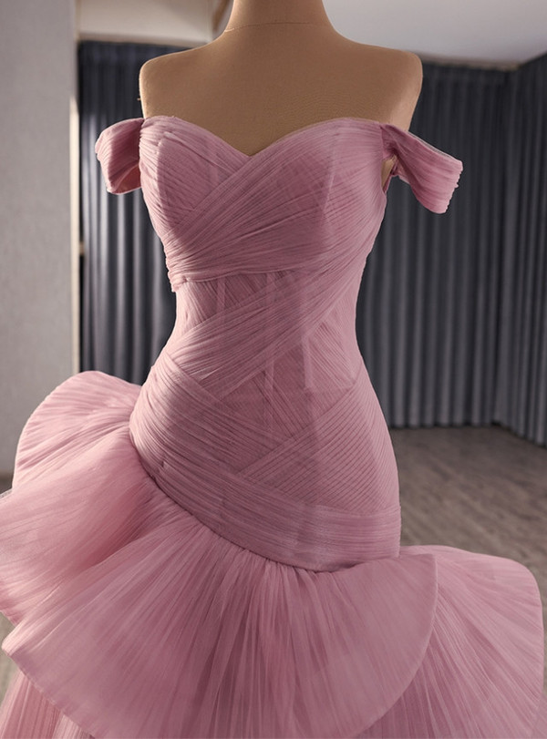 Pink Tulle Pleats Hi Lo Off the Shoulder Prom Dress