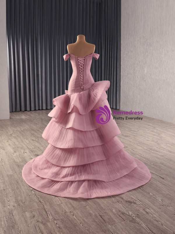 Pink Tulle Pleats Hi Lo Off the Shoulder Prom Dress