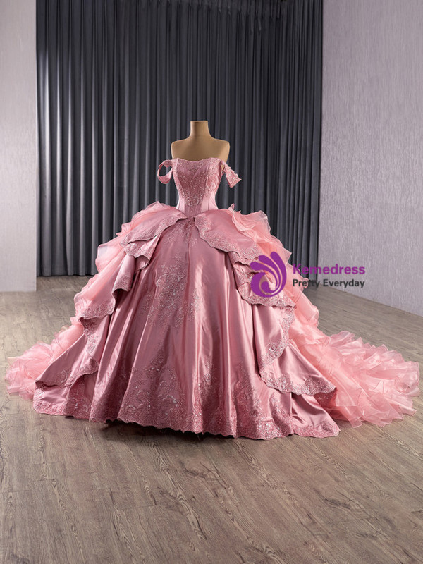 Pink Ball Gown Satin Organza Appliques Prom Dress