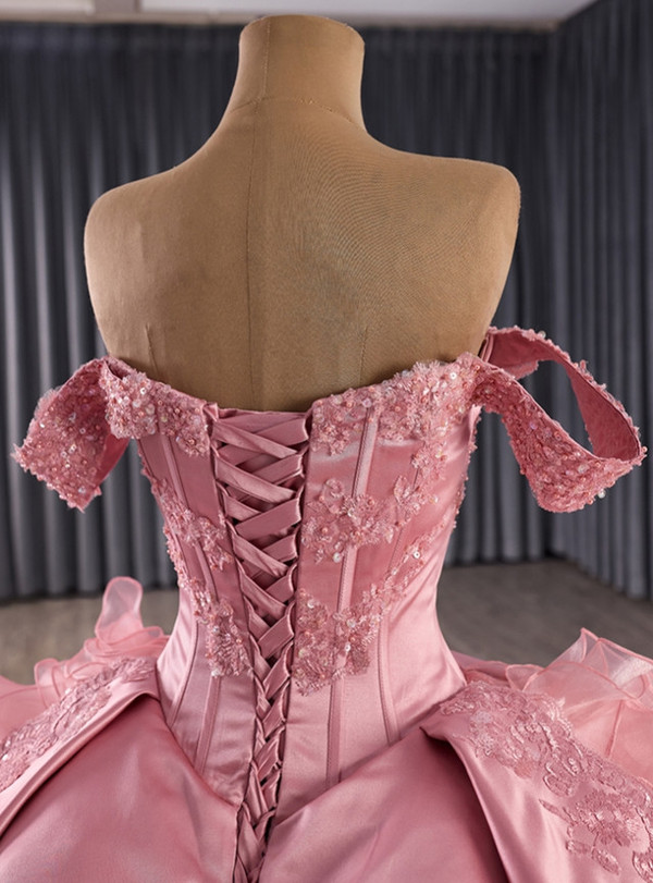 Pink Ball Gown Satin Organza Appliques Prom Dress