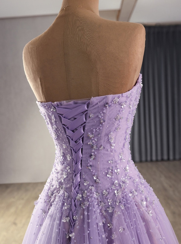 Purple Tulle Beading Sequins Prom Dress