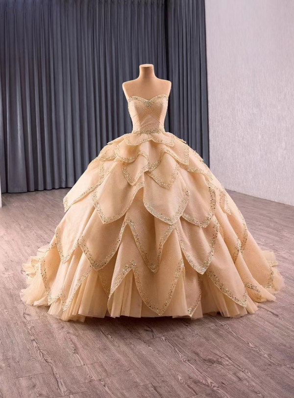 Champagne Tulle Beading Sequins Prom Dress