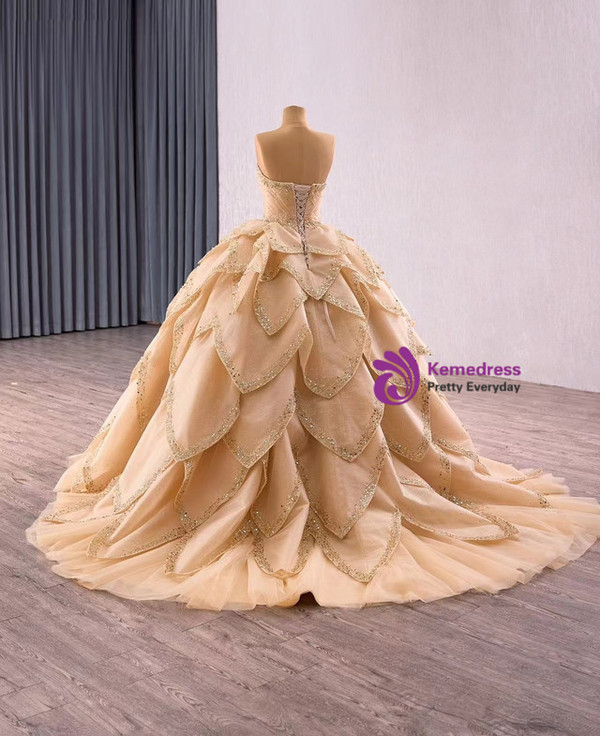 Champagne Tulle Beading Sequins Prom Dress
