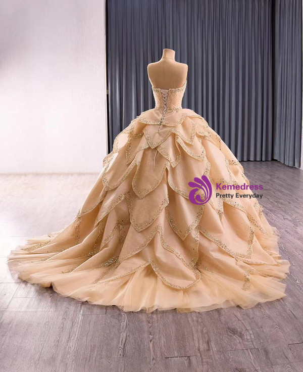 Champagne Tulle Beading Sequins Prom Dress