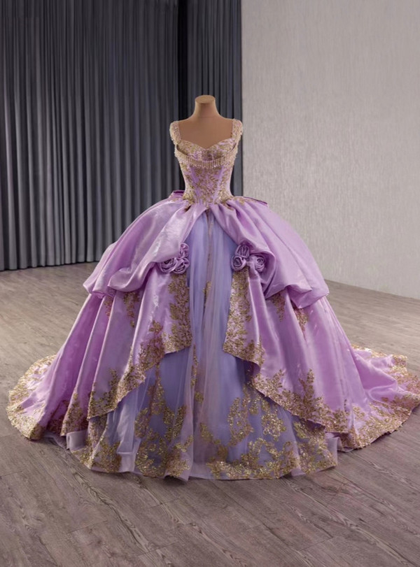Purple Tulle Straps Sequins Beading Prom Dress