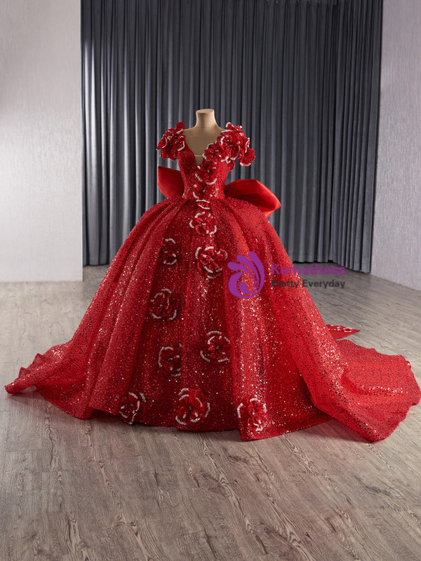 Red Ball Gown Sequins V-neck 3D Flower Prom Dress