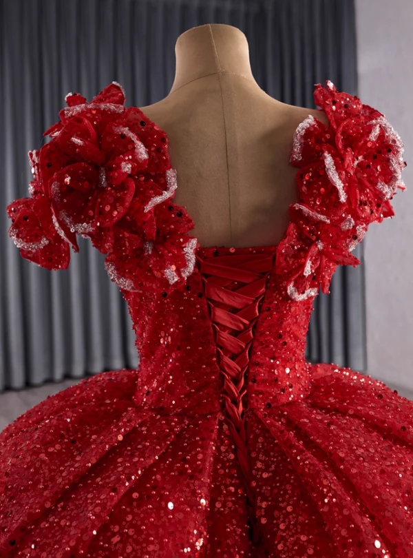 Red Ball Gown Sequins V-neck 3D Flower Prom Dress