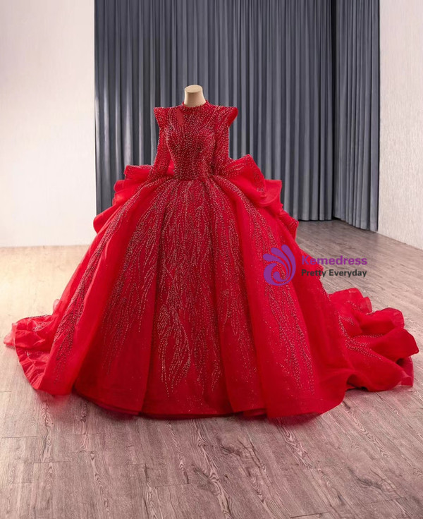 Vintage Red Tulle Sequins Long Sleeve Prom Dress