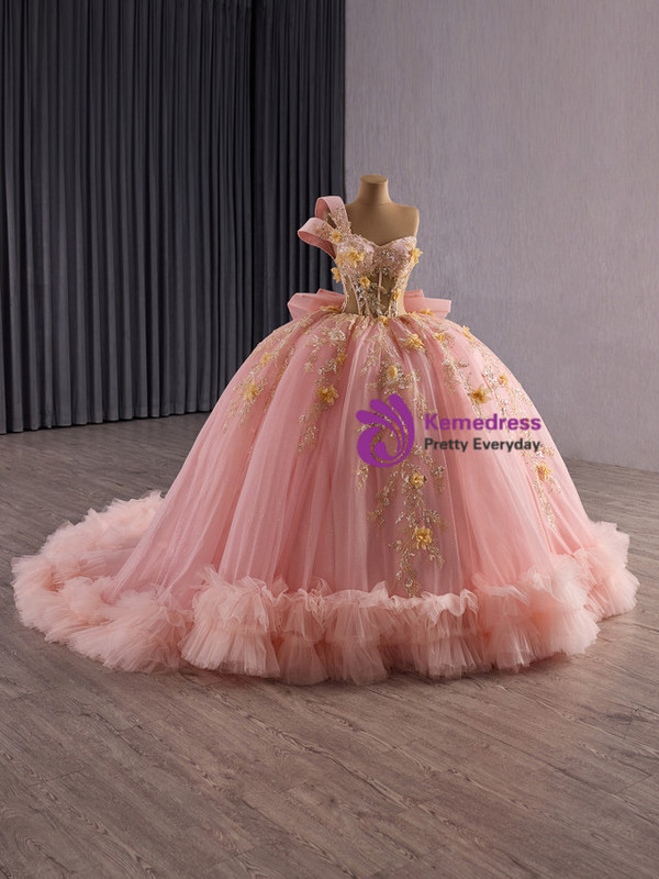 Pink Tulle One Shoulder Sequins Appliques Prom Dress