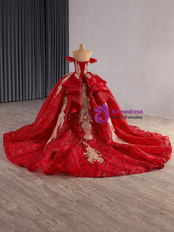 Red Sequins Off the Shoulder Prom Dress