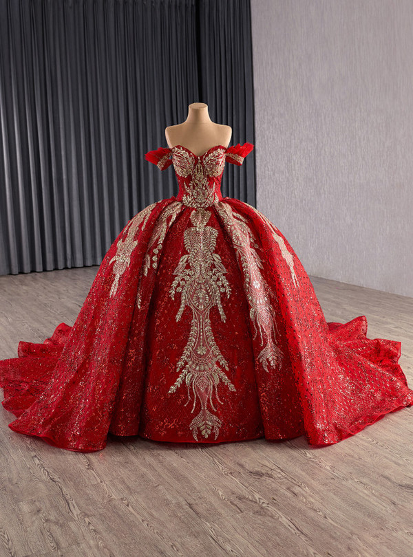 Red Sequins Off the Shoulder Prom Dress