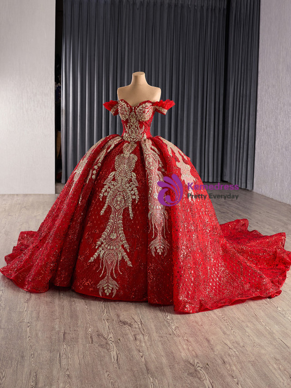 Red Sequins Off the Shoulder Prom Dress