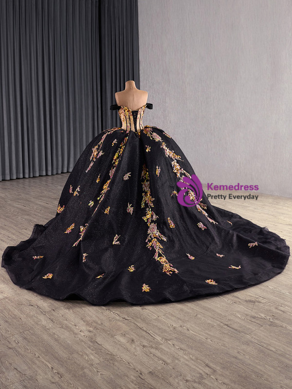 Black Tulle Long Sleeve Sequins Appliques Prom Dress