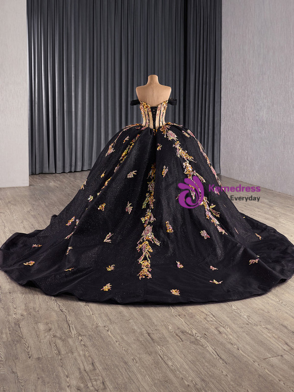 Black Tulle Long Sleeve Sequins Appliques Prom Dress