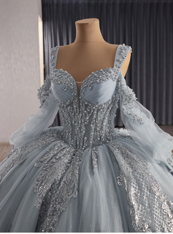 Gray Tulle Straps Long Sleeve Appliques Pearls Prom Dress
