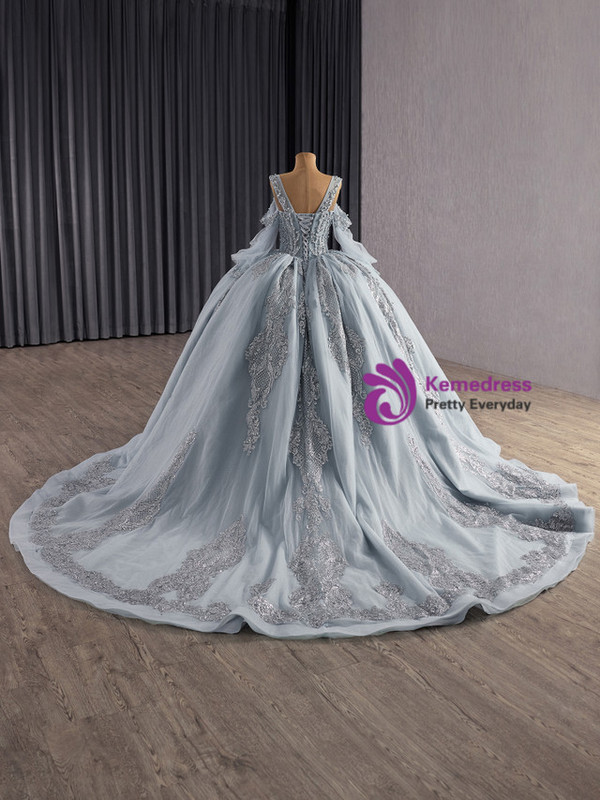 Gray Tulle Straps Long Sleeve Appliques Pearls Prom Dress