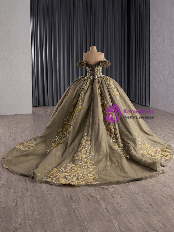Dark Green Tulle Sequins Pearls Off the Shoulder Prom Dress